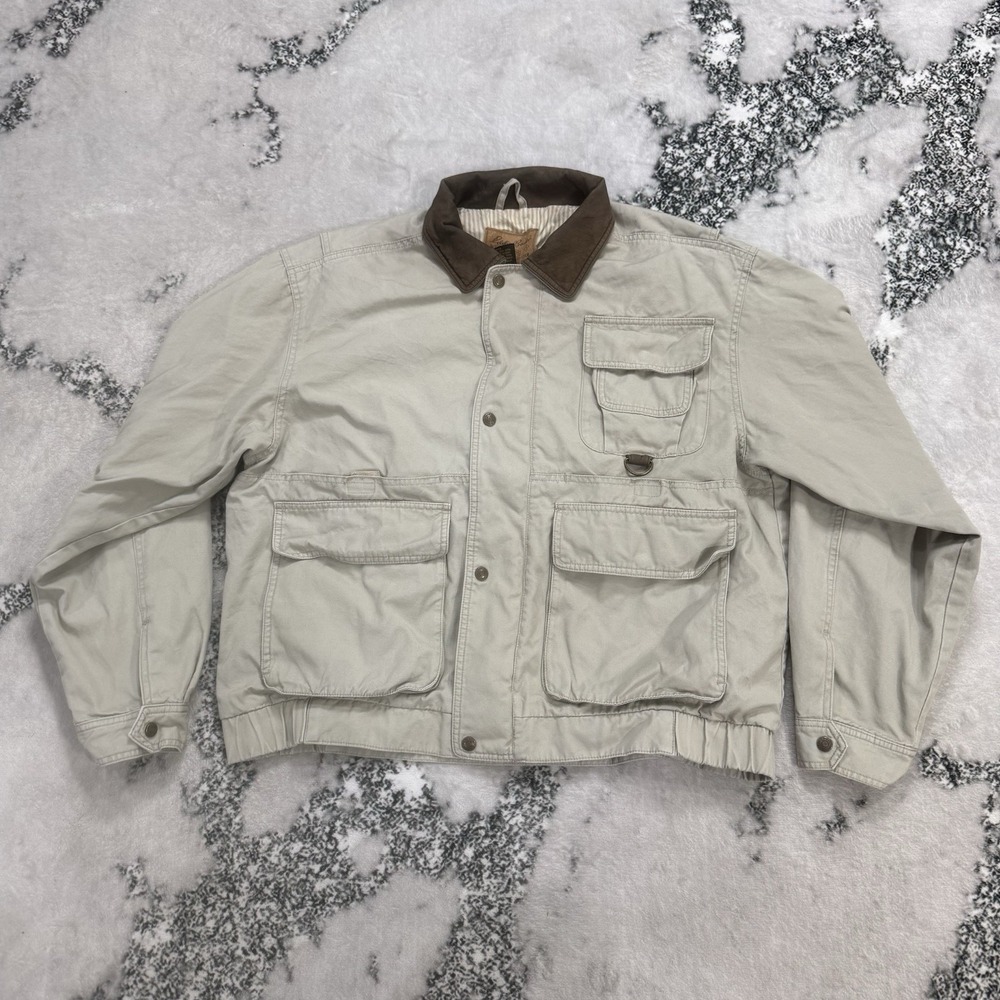 Vintage Eddie Bauer Field JAcket Mens Sz L Leather Collar Safari Hunting Fishing